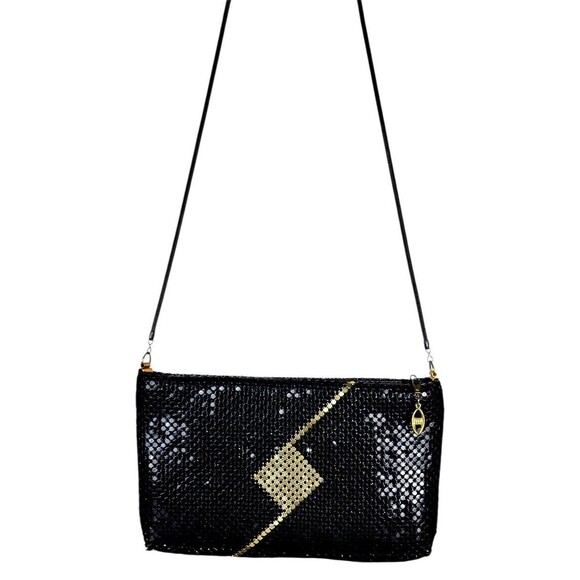 Vintage 70s Whiting & Davis Black Gold Mesh Diamond Art Deco Shoulder Bag - Picture 11 of 15